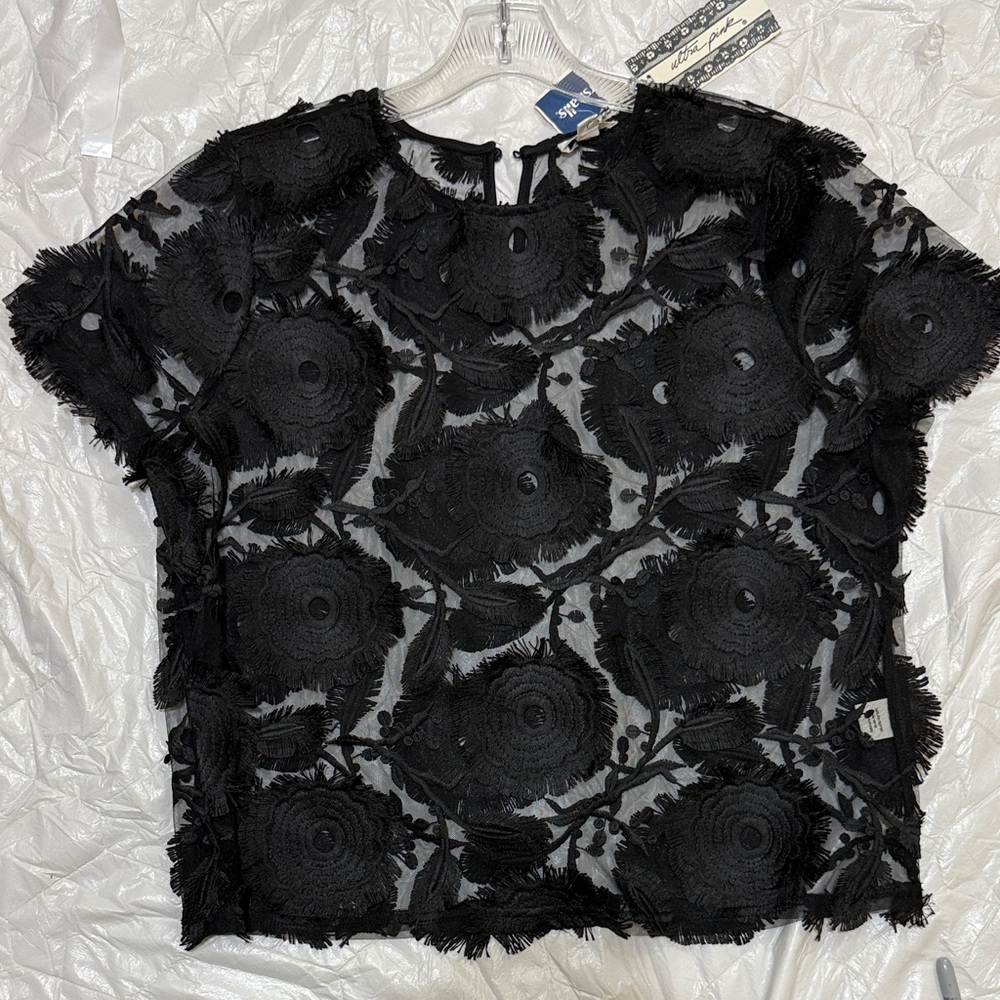 Ultra Pink Black Floral Textured Lace Blouse  with stitched Black Floral design